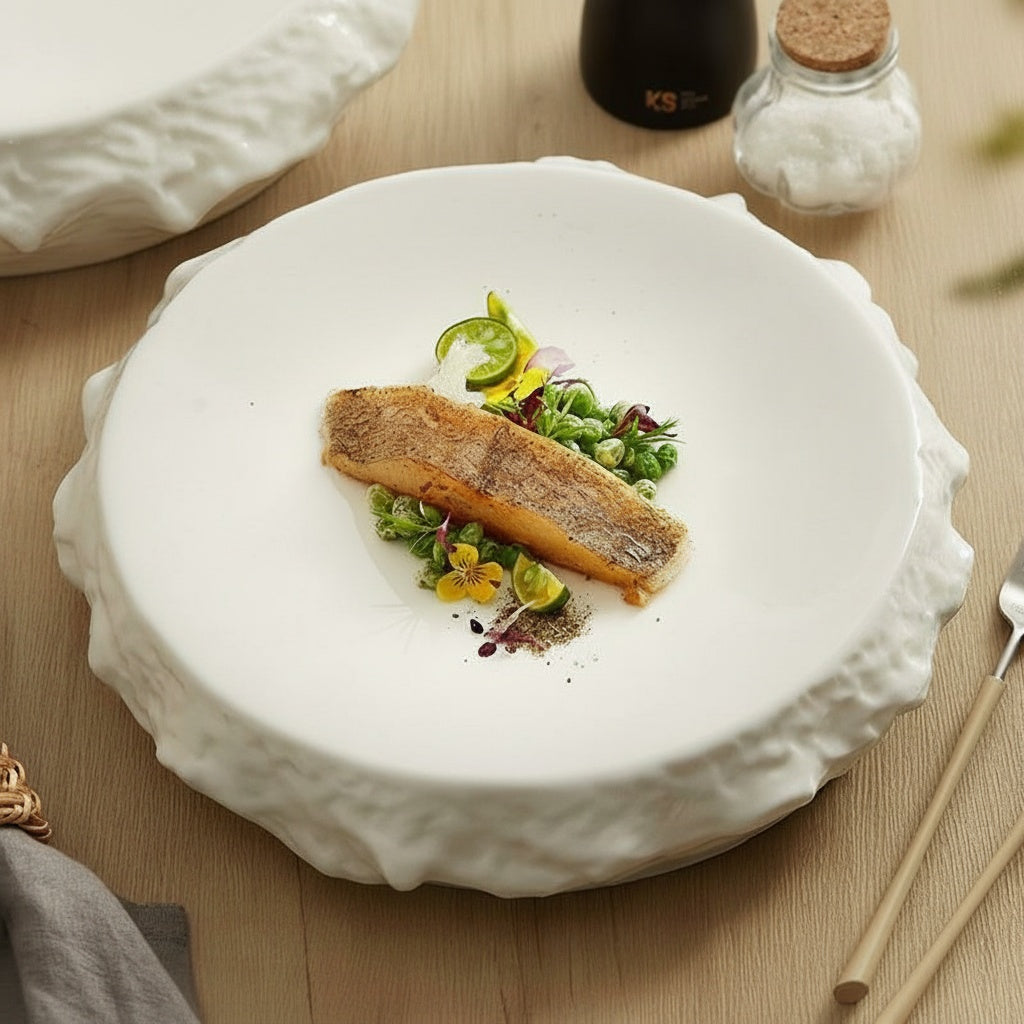 Textured White Ceramic Round Serving Plate