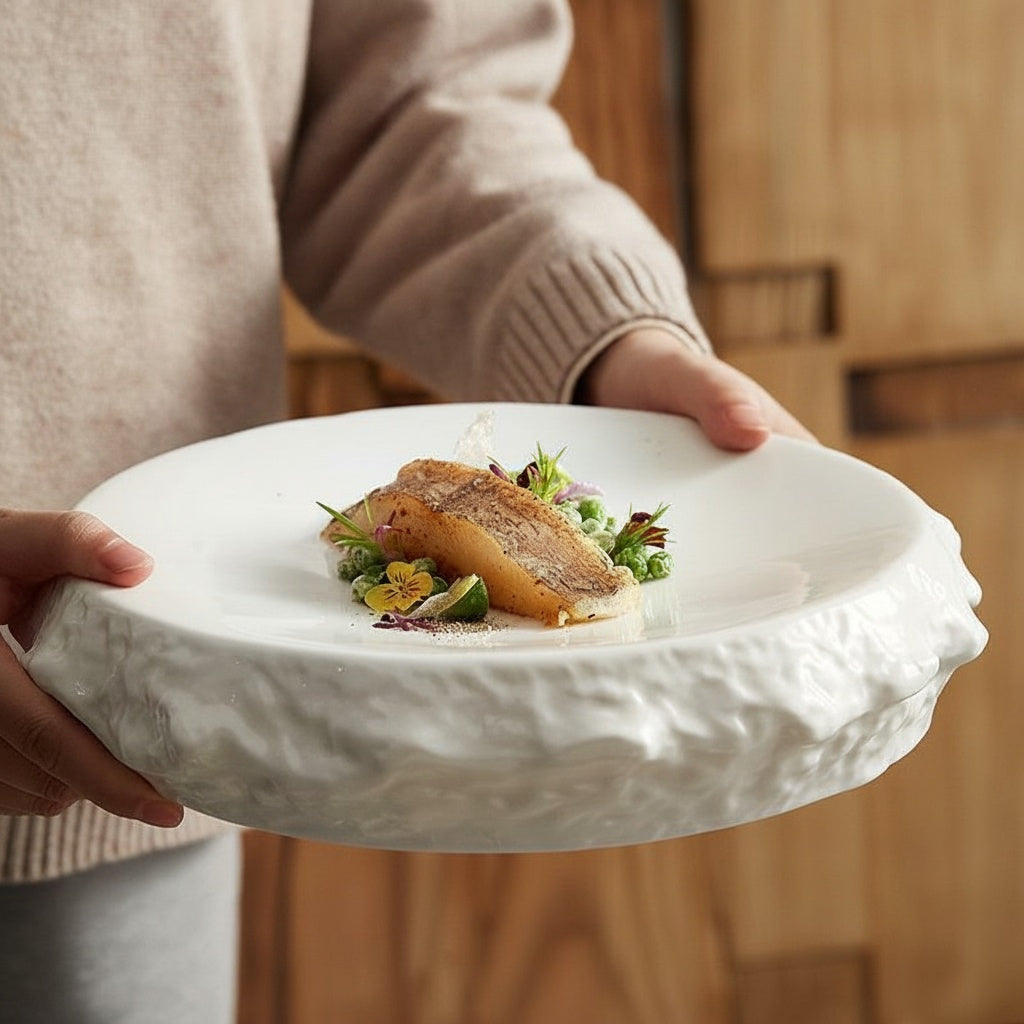 Textured White Ceramic Round Serving Plate