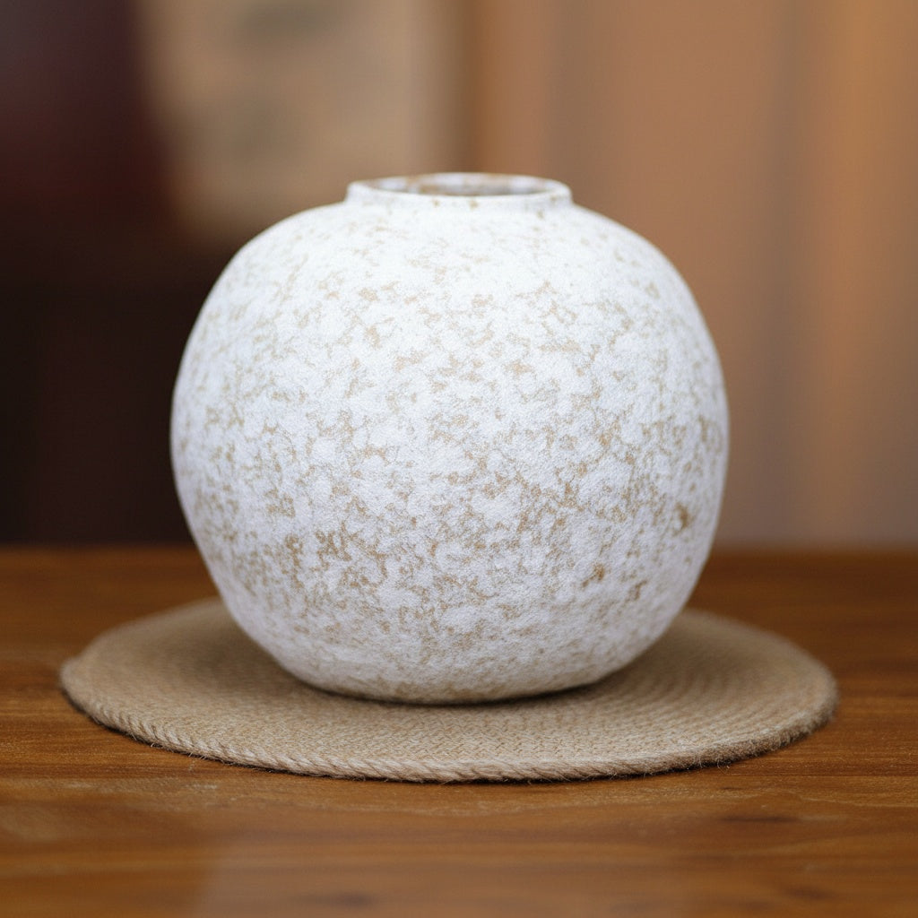 Front view of textured white ceramic spherical vase