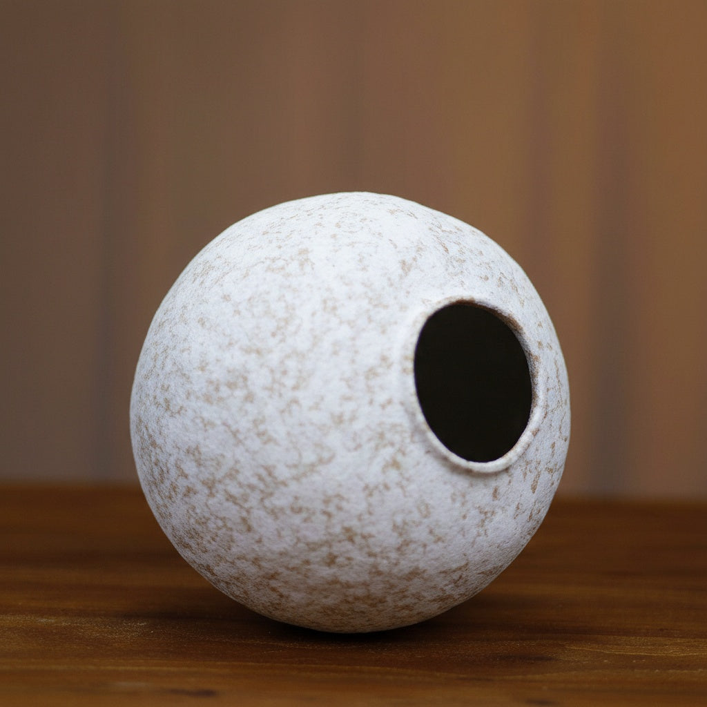 Angled view of round ceramic vase showing opening
