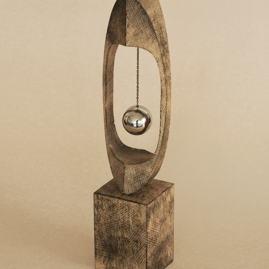 Angled view of wood and chrome abstract table sculpture