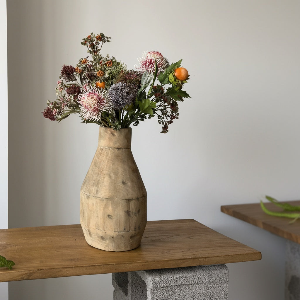 Textured Wood Tapered Vase with Floral Arrangement