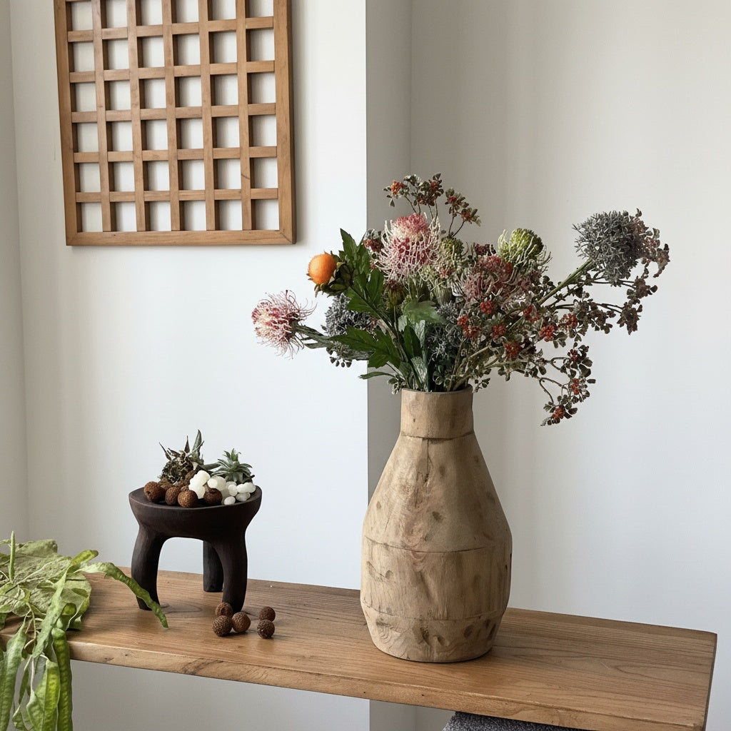 Textured Wood Tapered Vase on Console Table