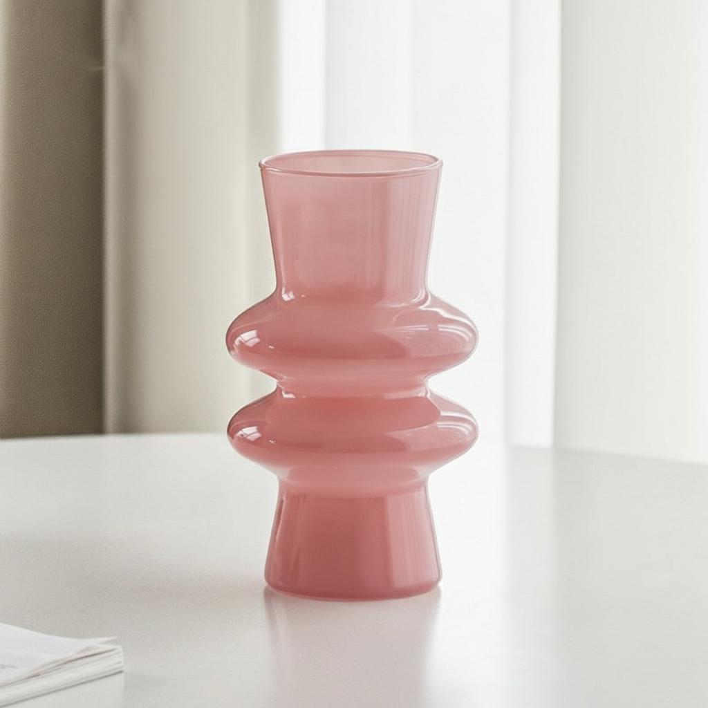 Pink tiered glass vase on a white table