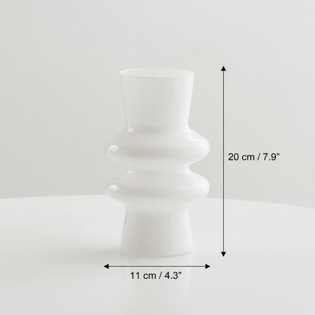 White tiered glass vase with dimension measurements