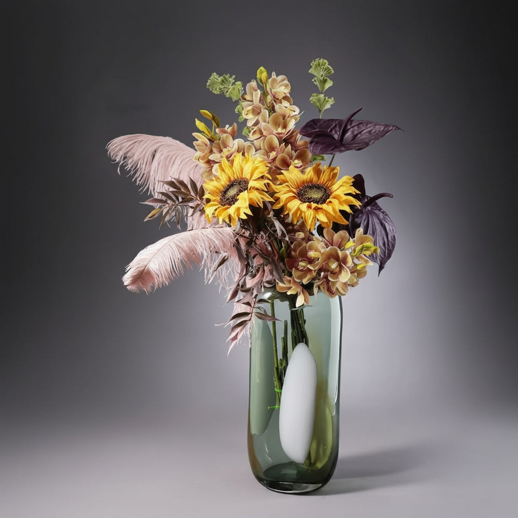 Tinted Glass Cylindrical Vase With Flowers