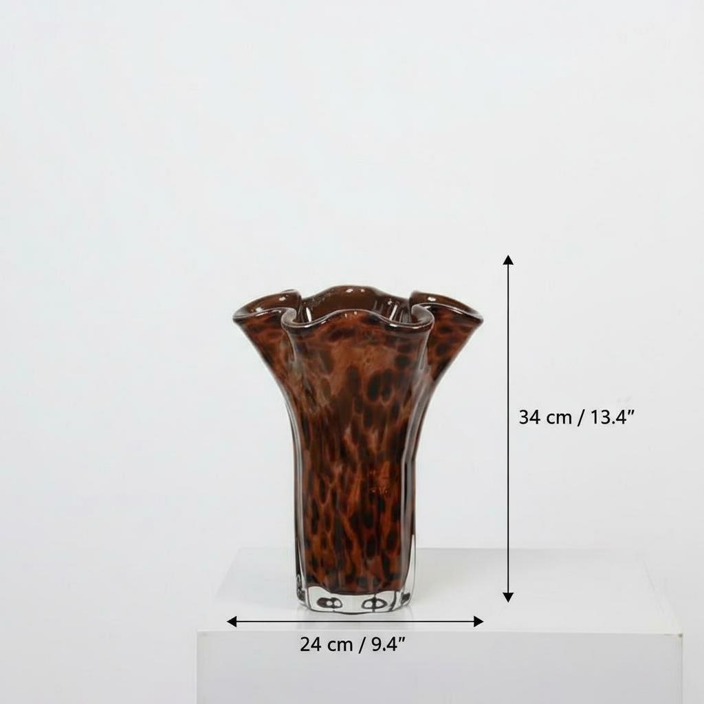Large amber glass vase dimensions showing 34 cm height and 24 cm width
