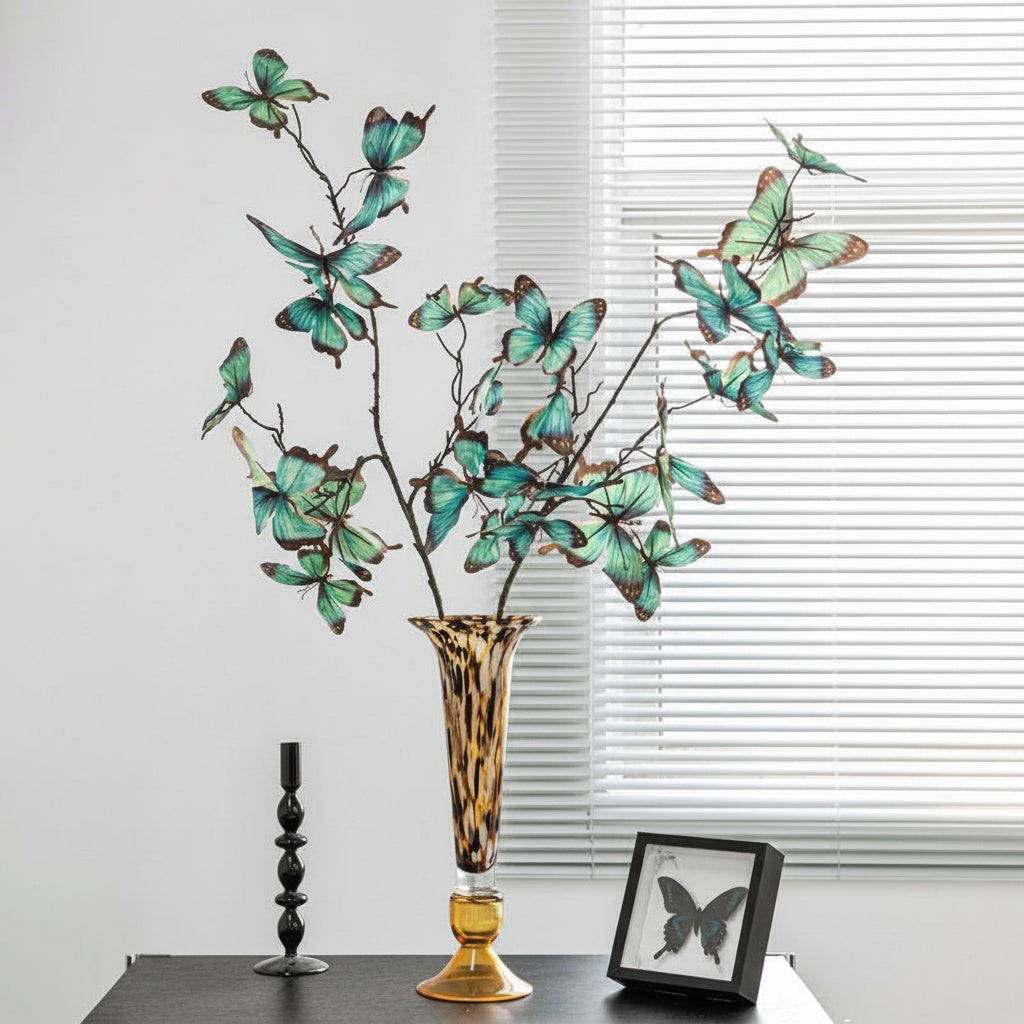 Tortoiseshell Glass Tall Trumpet Vase with Butterfly Branches