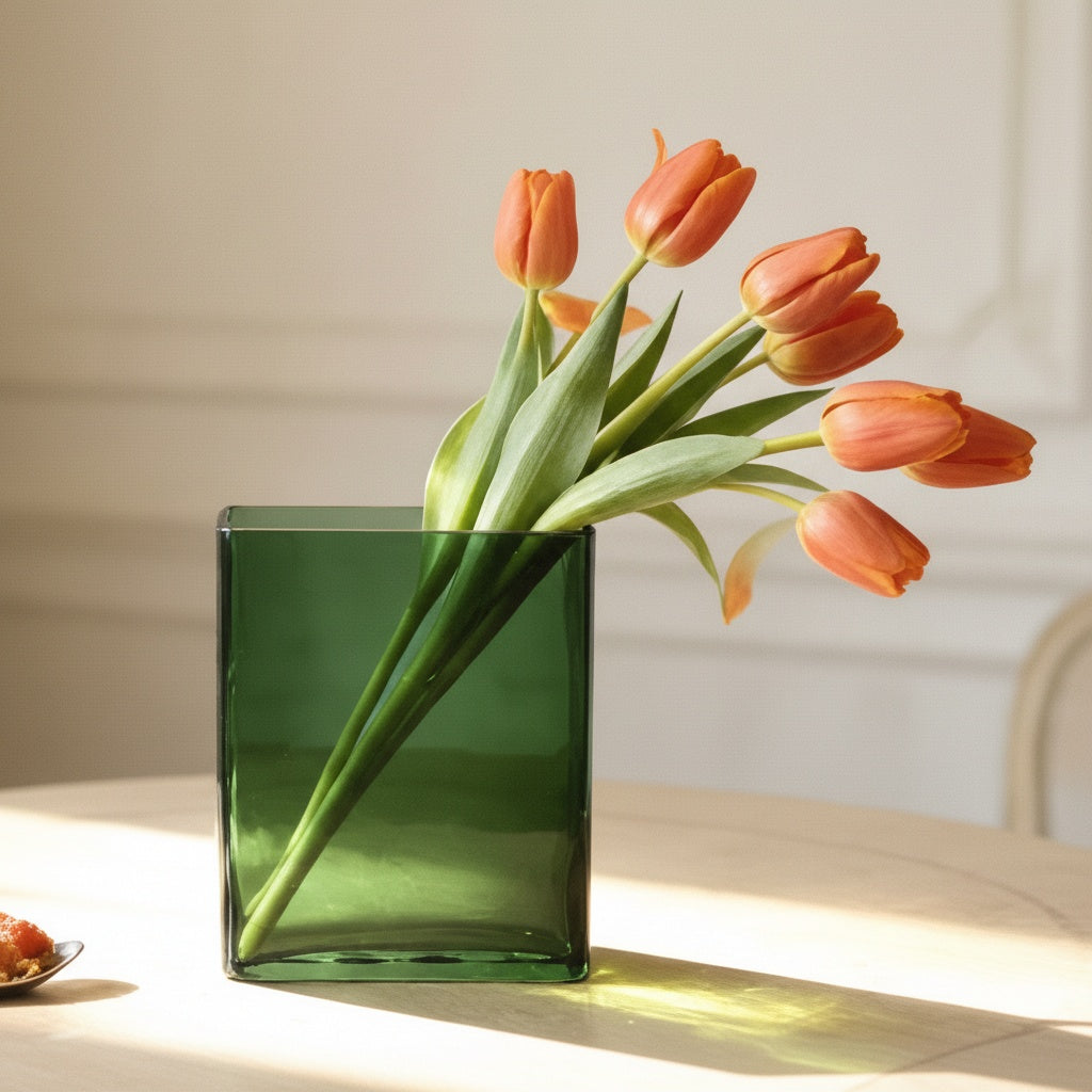 Green translucent glass curved rectangular vase with orange tulips