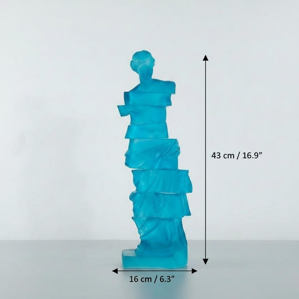 Blue translucent resin Venus sculpture with dimensions