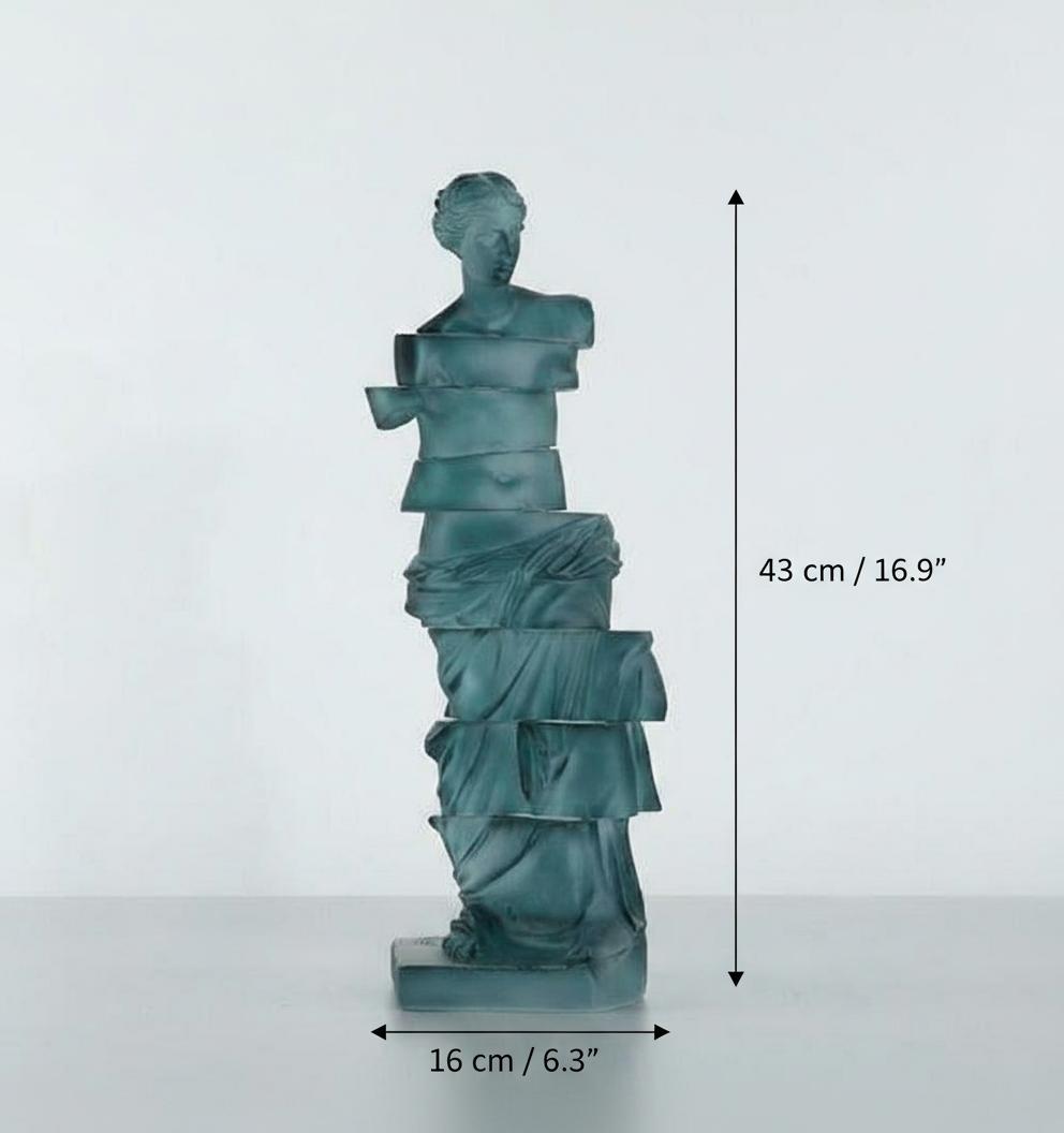 Side view of blue translucent resin deconstructed statue