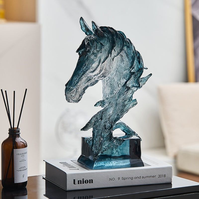 Blue translucent horse head sculpture front view