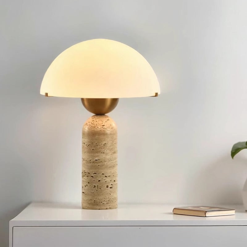 Travertine table lamp on white sideboard in modern setting