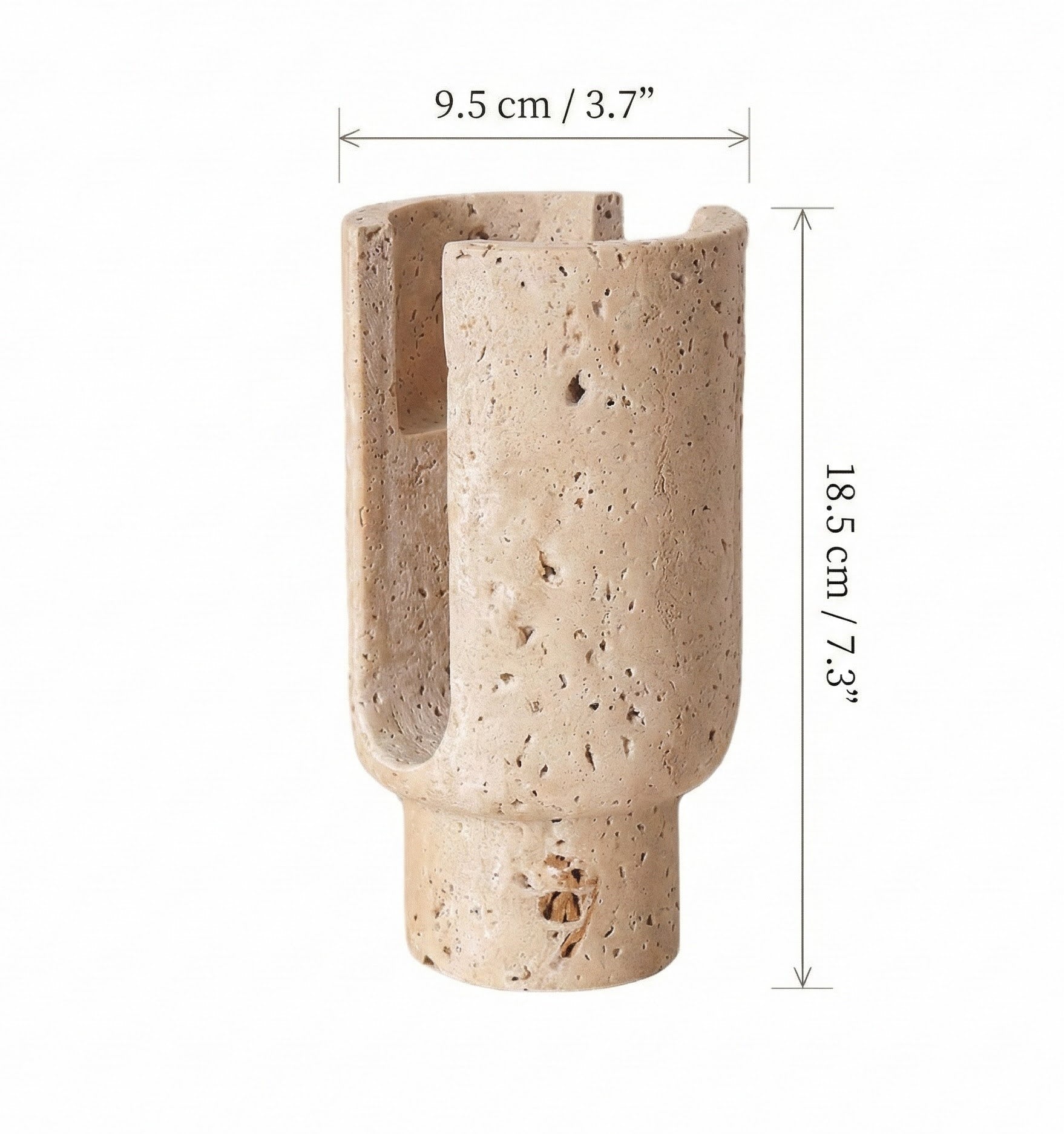 Size guide showing dimensions of the stone candle holder: 18.5 cm height and 9.5 cm width