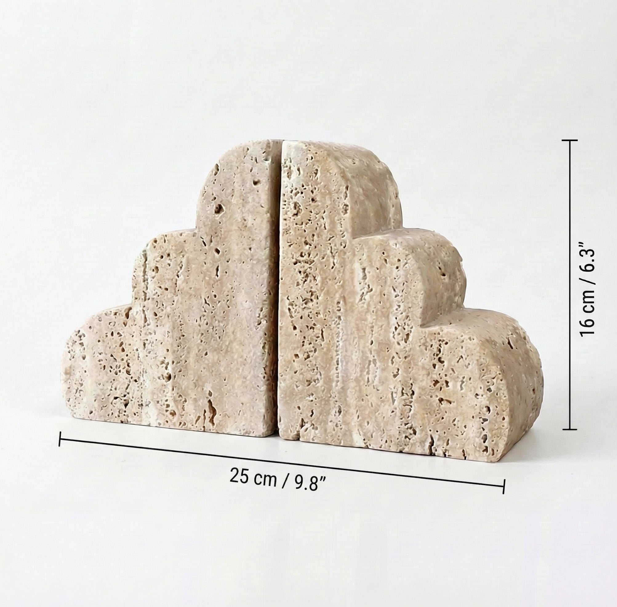 Front view of travertine bookends with dimensions indicating height and width