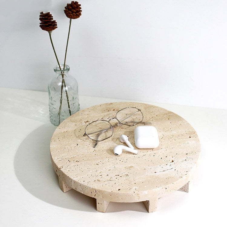 Beige stone vanity tray styling with decor