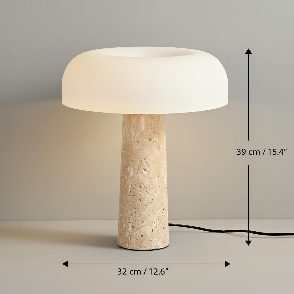High angle view of travertine lamp base and shade texture