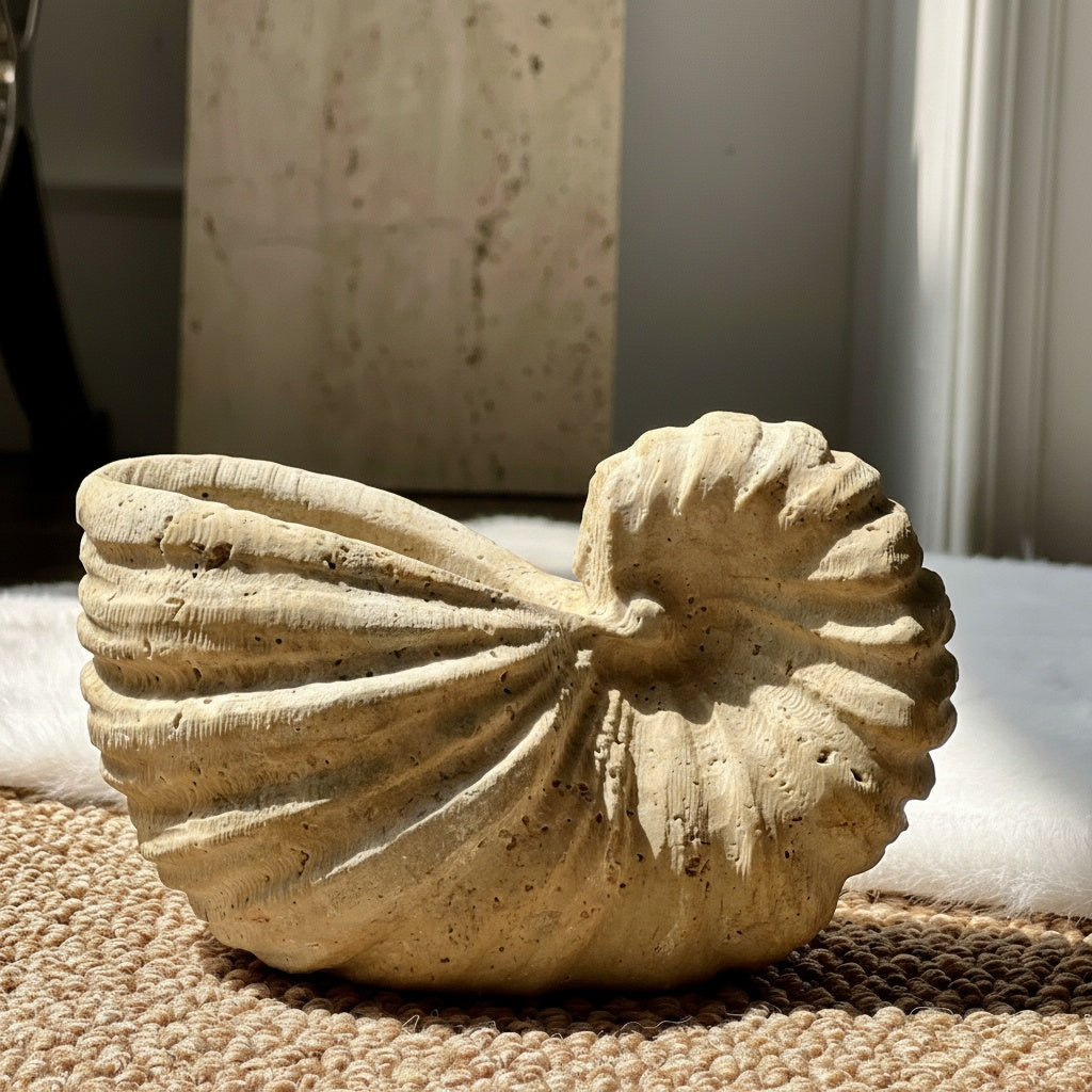 Side view of textured stone ammonite vessel