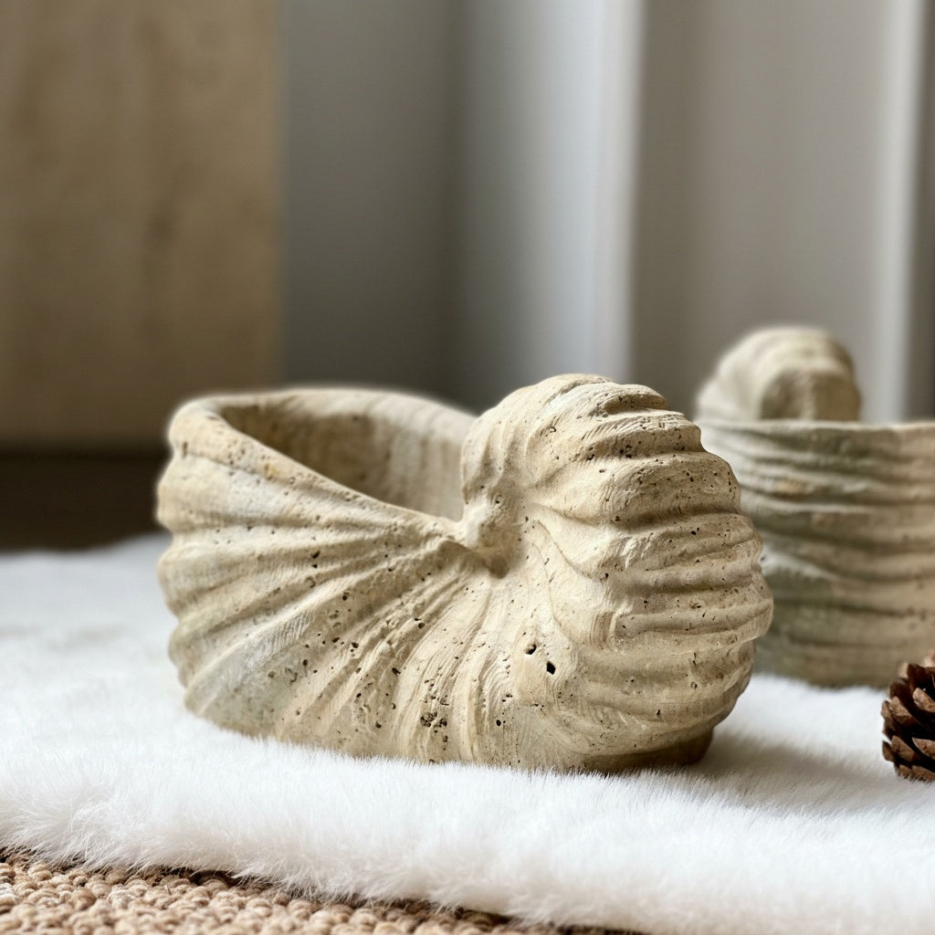 Angled view of beige travertine shell sculpture