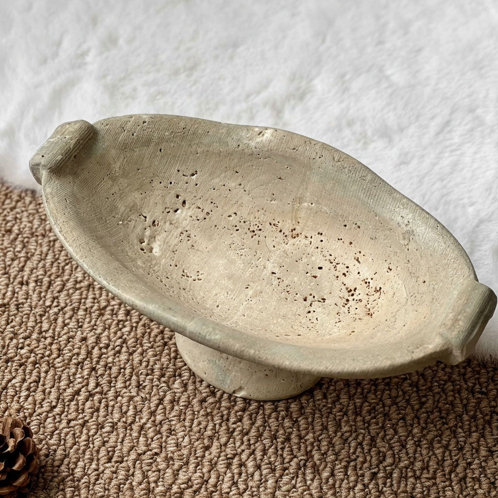 Travertine Oval Footed Bowl