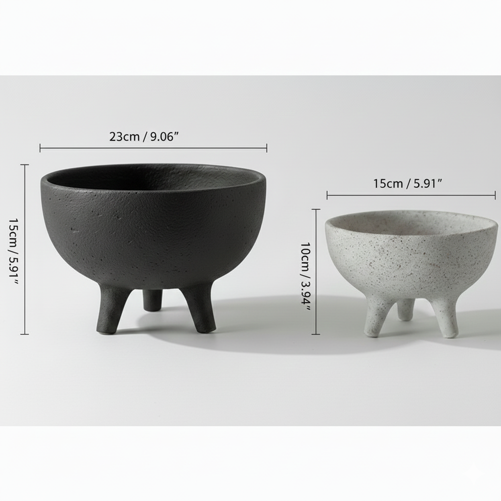 Size guide showing dimensions for handcrafted tripod ceramic bowls: Large Black (23cm x 15cm) and Small Speckled White (15cm x 10cm).