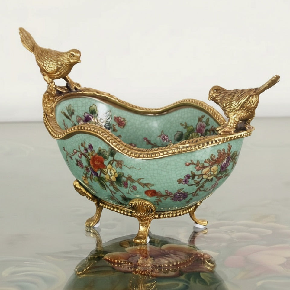 Turquoise crackle porcelain bowl with brass bird accents and floral painting