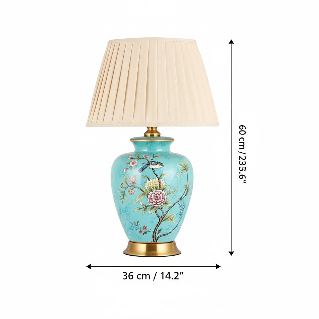 Dimensions diagram of turquoise floral ceramic lamp showing 60cm height and 36cm width