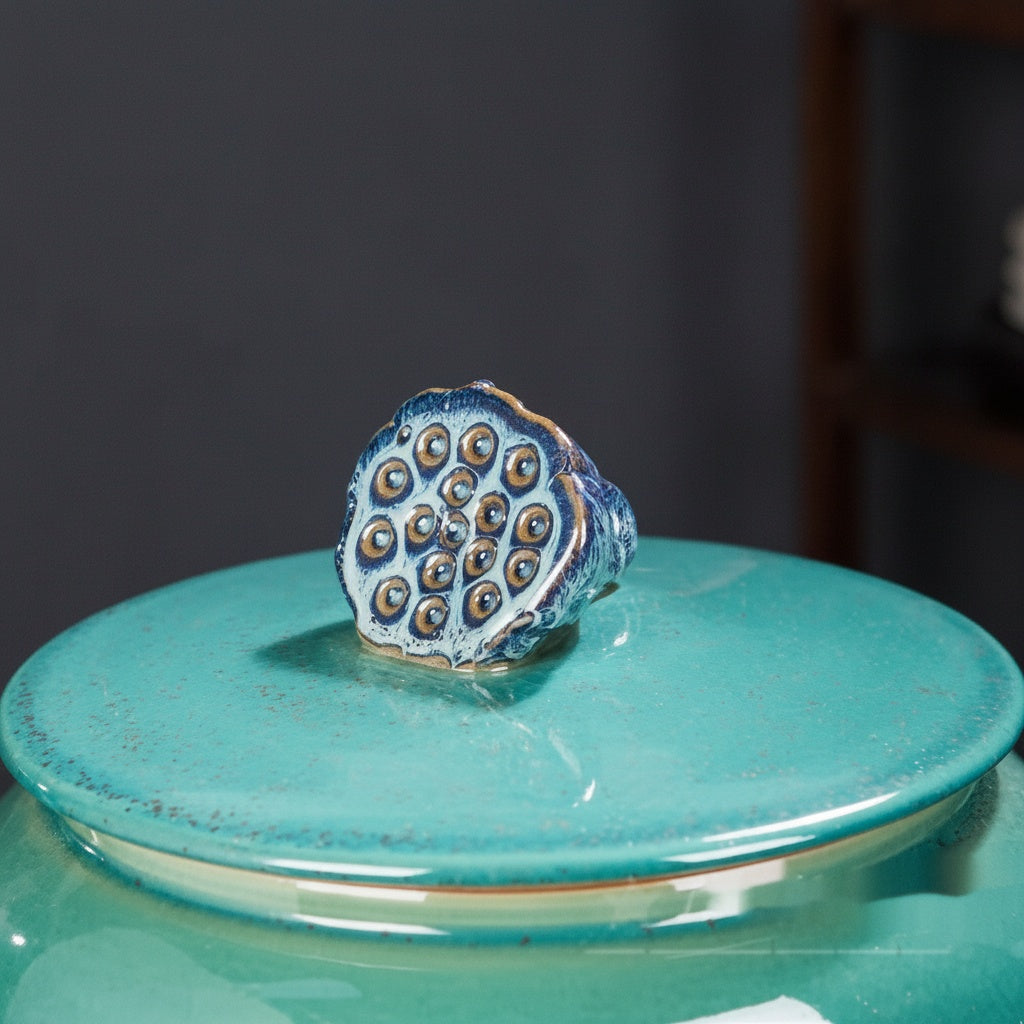 Turquoise Glazed Ceramic Decorative Jar Lotus Lid Detail