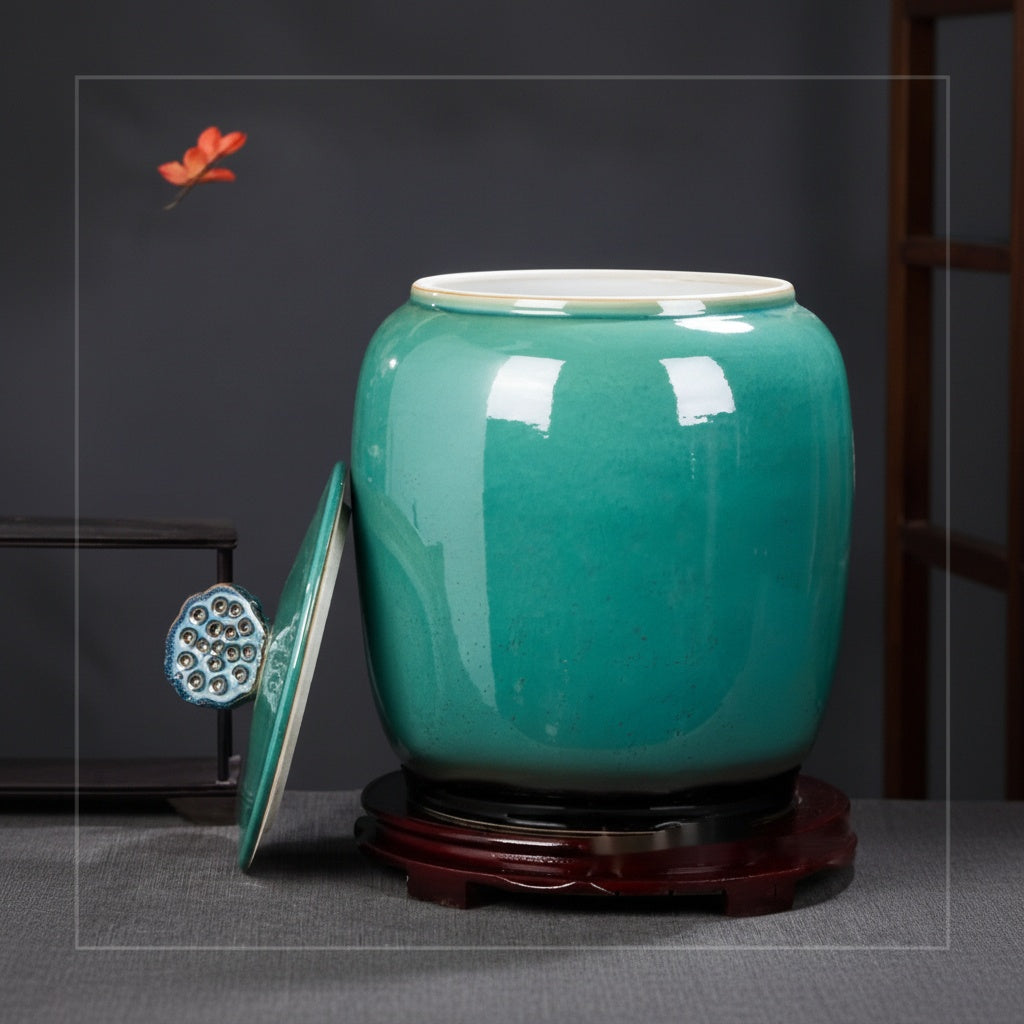Turquoise Glazed Ceramic Decorative Jar Open