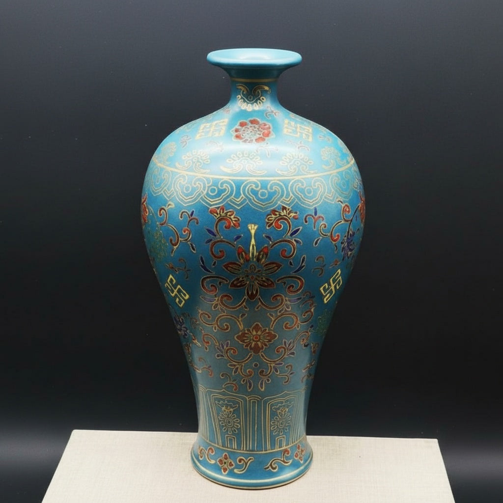 Turquoise porcelain vase with gold floral patterns and geometric borders