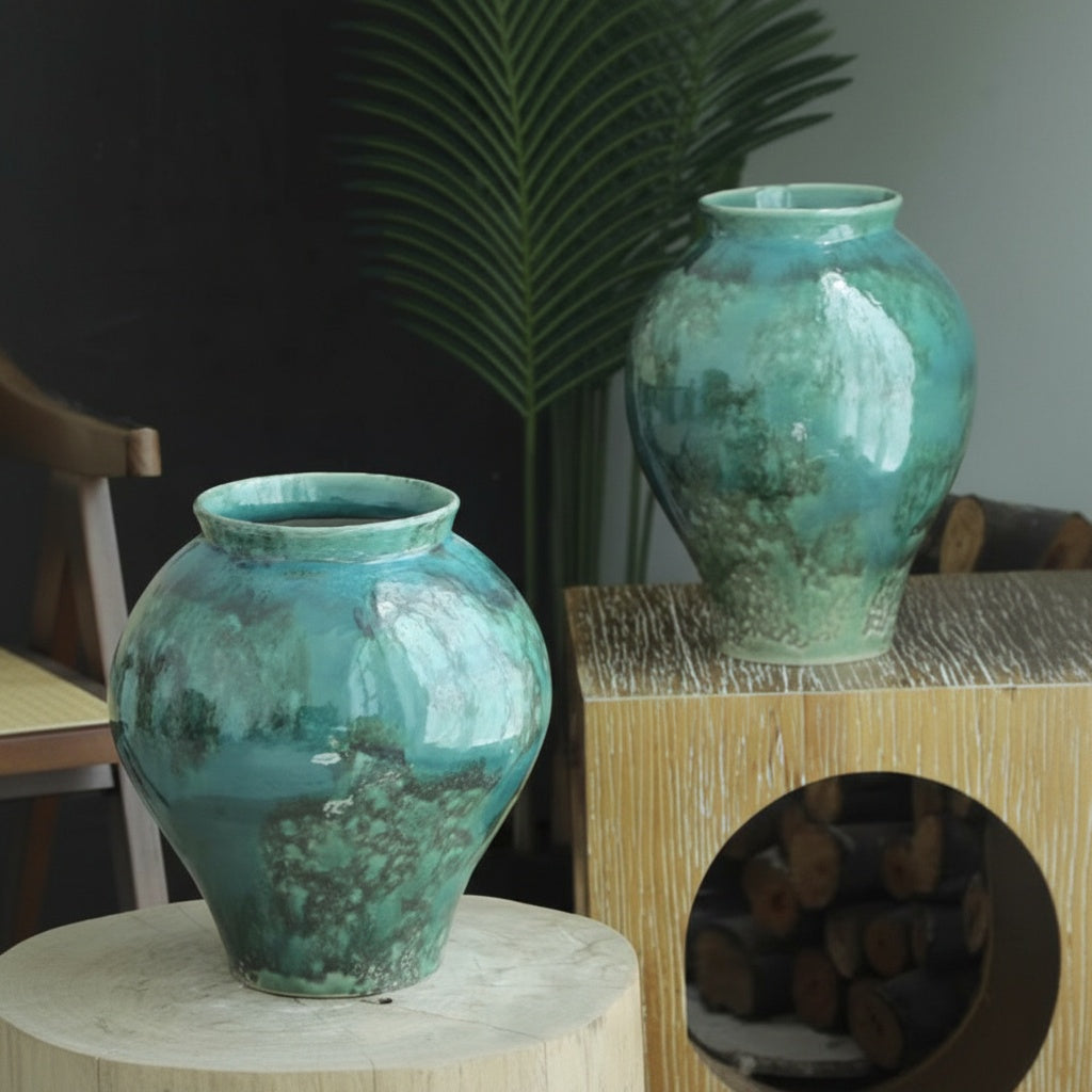 Empty turquoise ceramic vase showing reactive glaze finish