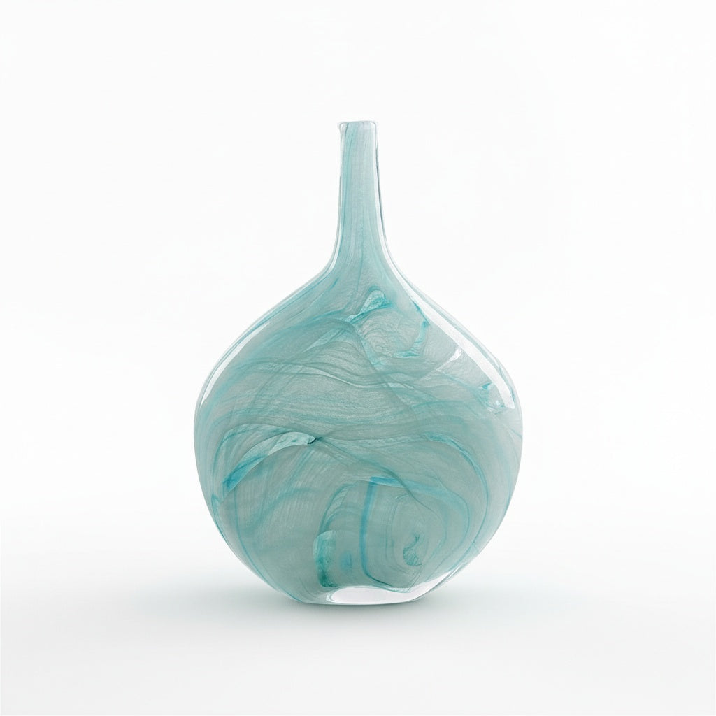 Round turquoise art glass vase with swirl pattern