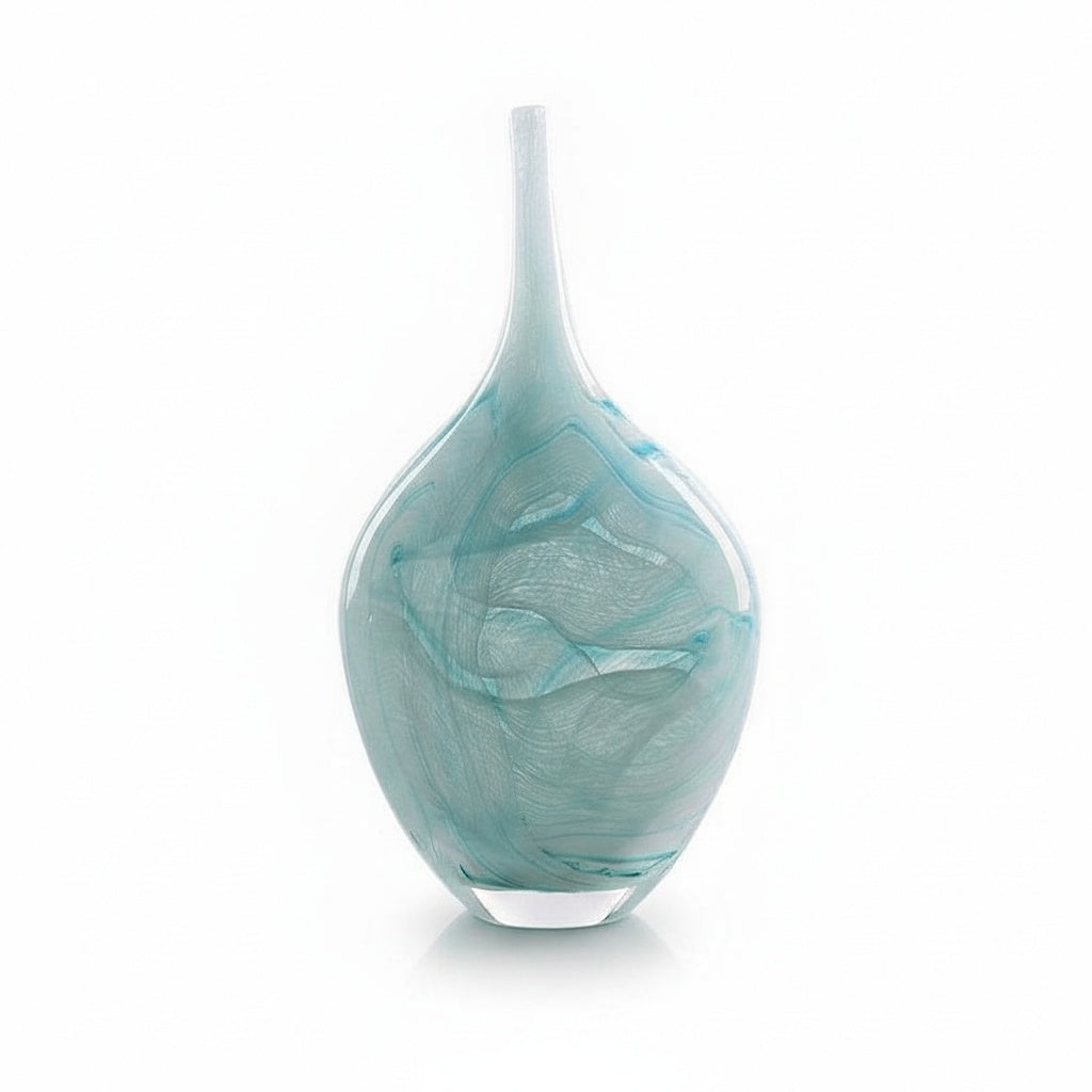 Tall slender turquoise glass vase with bottle neck