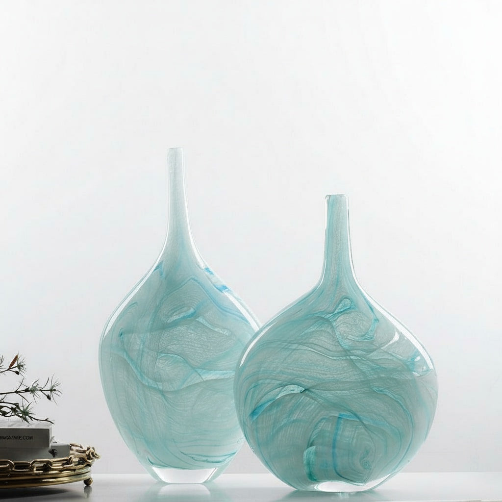 Set of two turquoise swirled glass vases