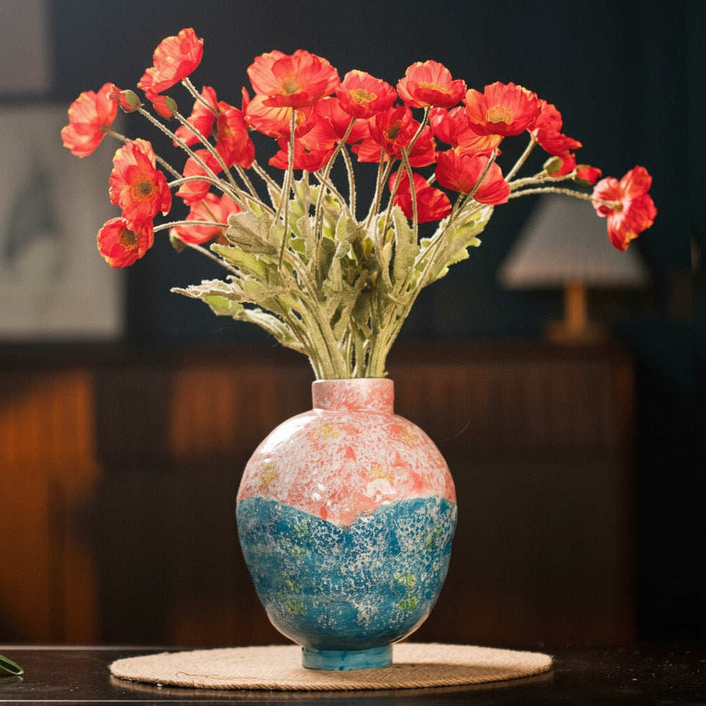 Two-Tone Textured Ceramic Round Vase with Florals