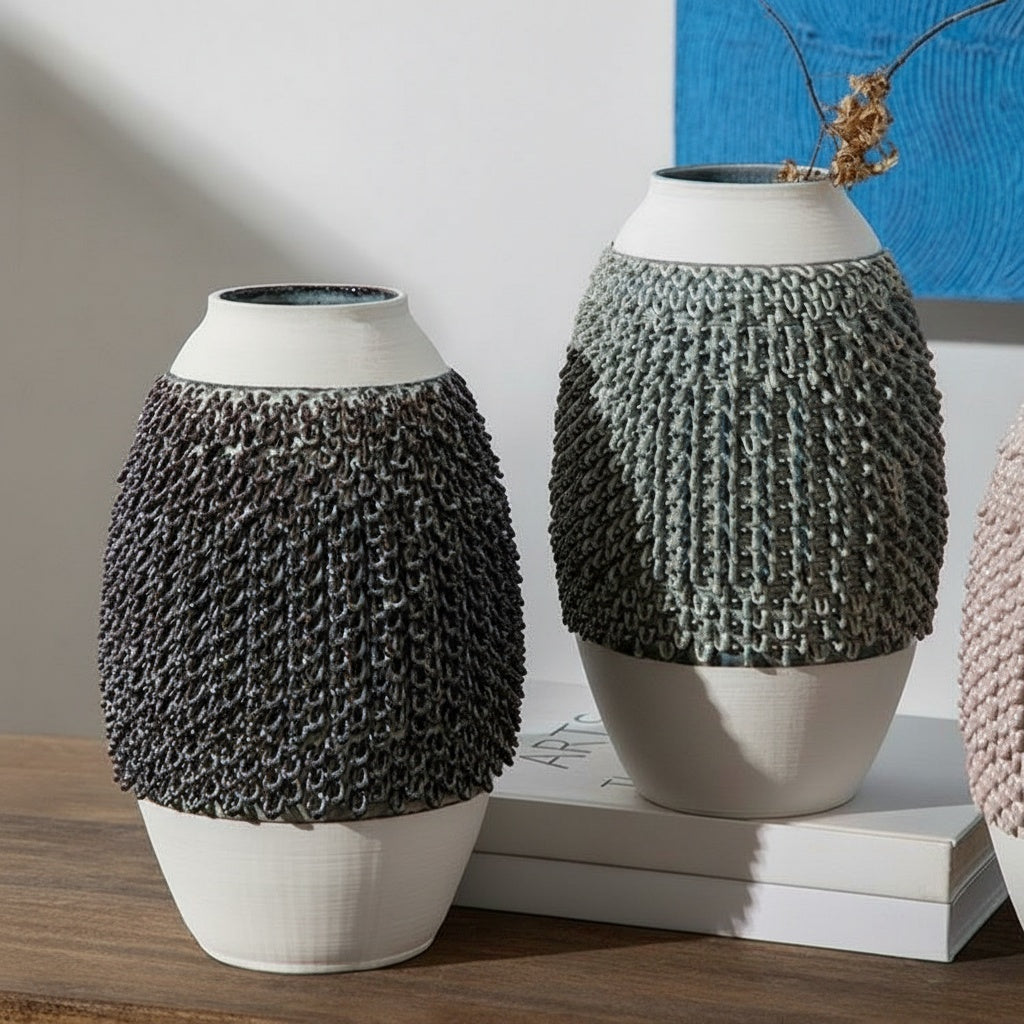 Two-Tone Textured Ceramic Vases in Gray and Black