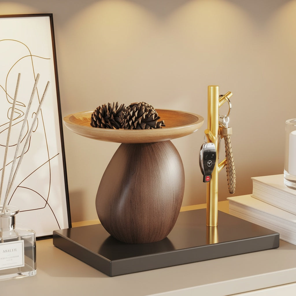 Two-Tone Wood Sculptural Pedestal Bowl with key holder stand