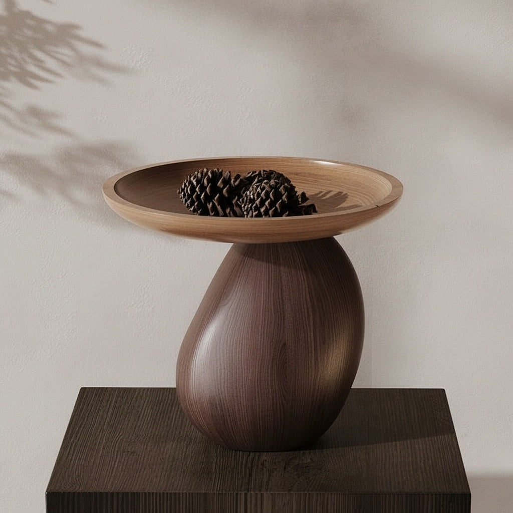 Two-Tone Wood Sculptural Pedestal Bowl with decorative pinecones