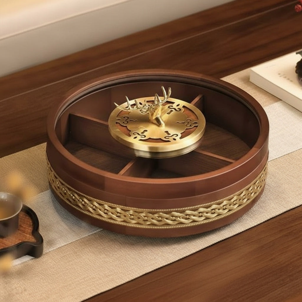 High angle view of luxury wooden dried fruit box with lid