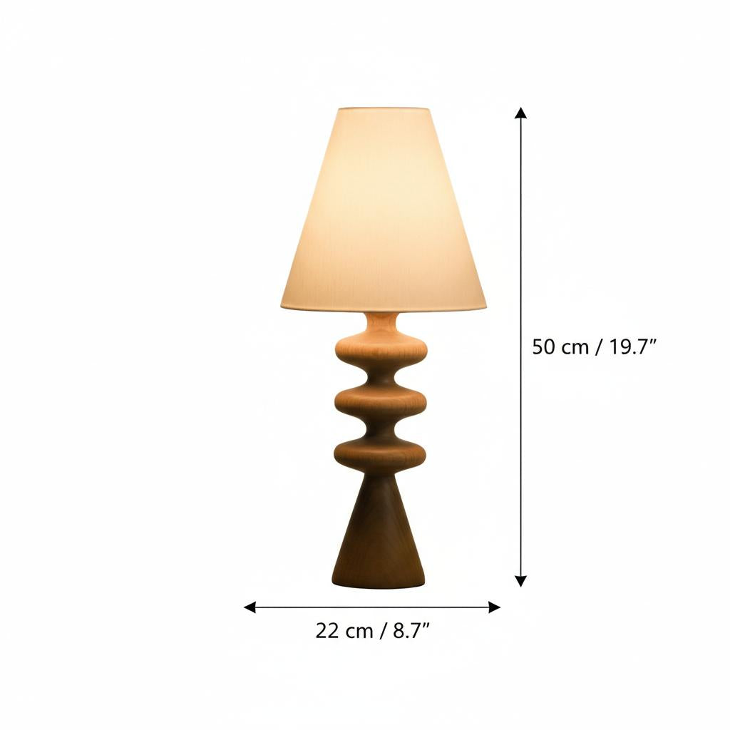 Walnut wood geometric stacked table lamp dimensions with white background