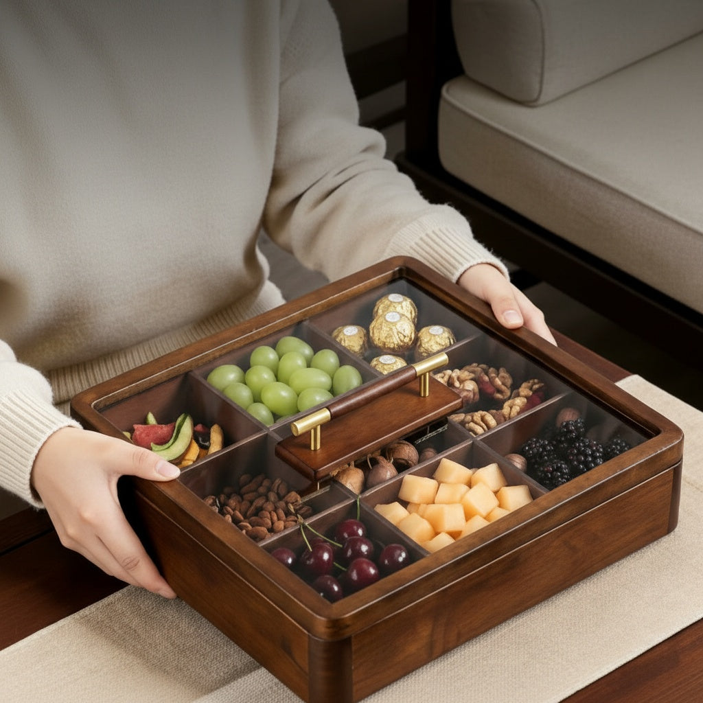 Walnut wood serving box held by person showing glass lid