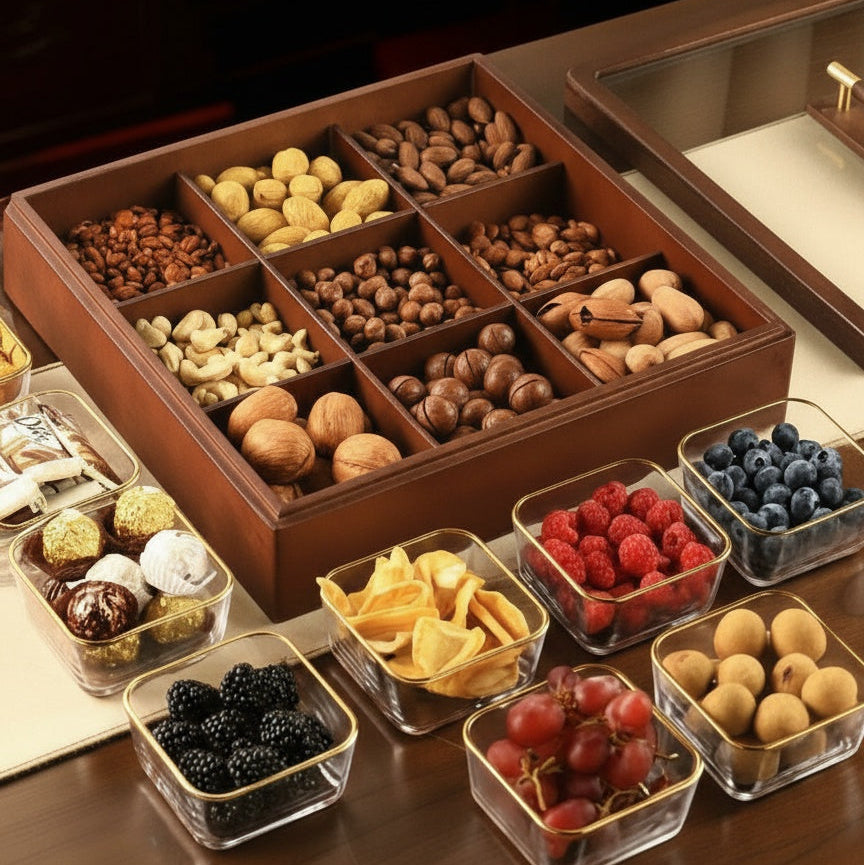 Open walnut serving box filled with nuts and dried fruits