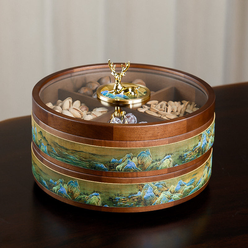 Walnut wood two tier snack box with nuts and deer handle