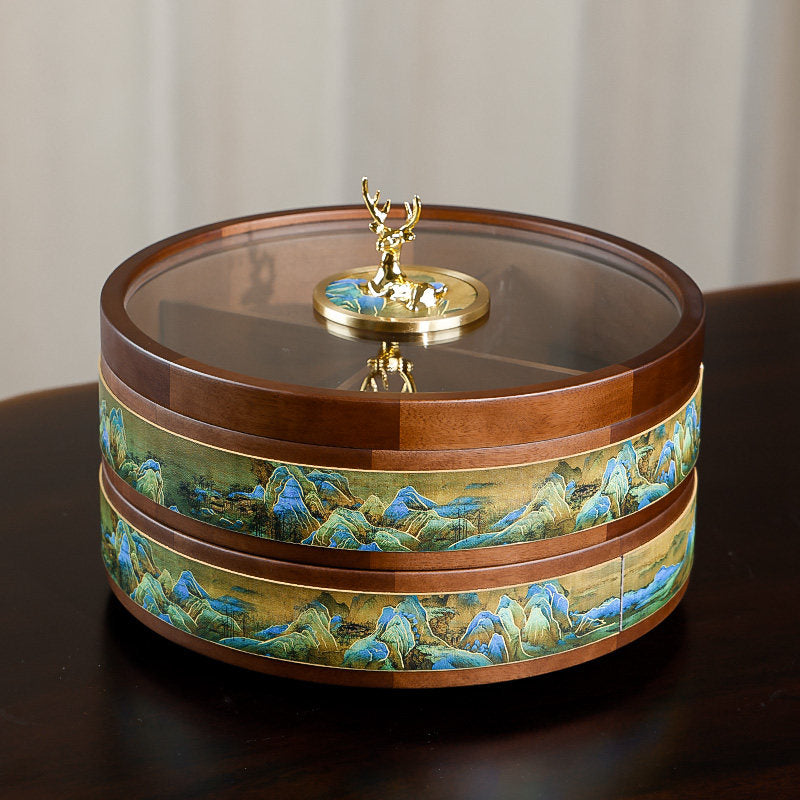 Front view of luxury wooden serving tray with glass lid