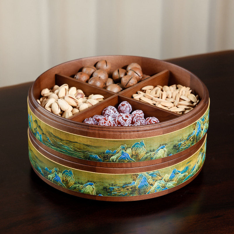 Angled view of open compartments in wooden snack box