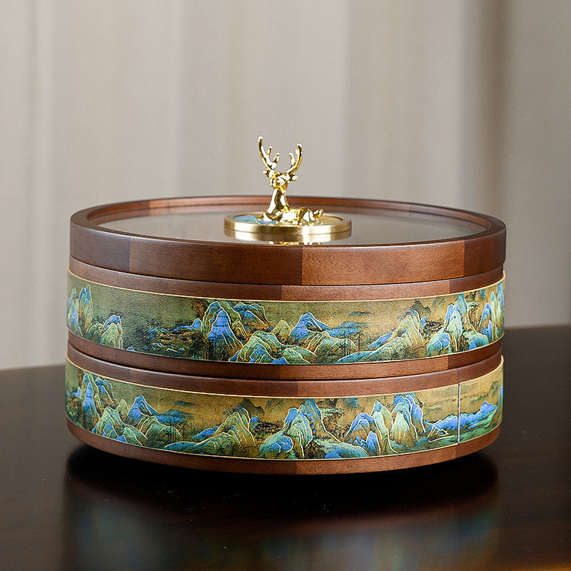 Side view showing landscape detail on wooden serving box