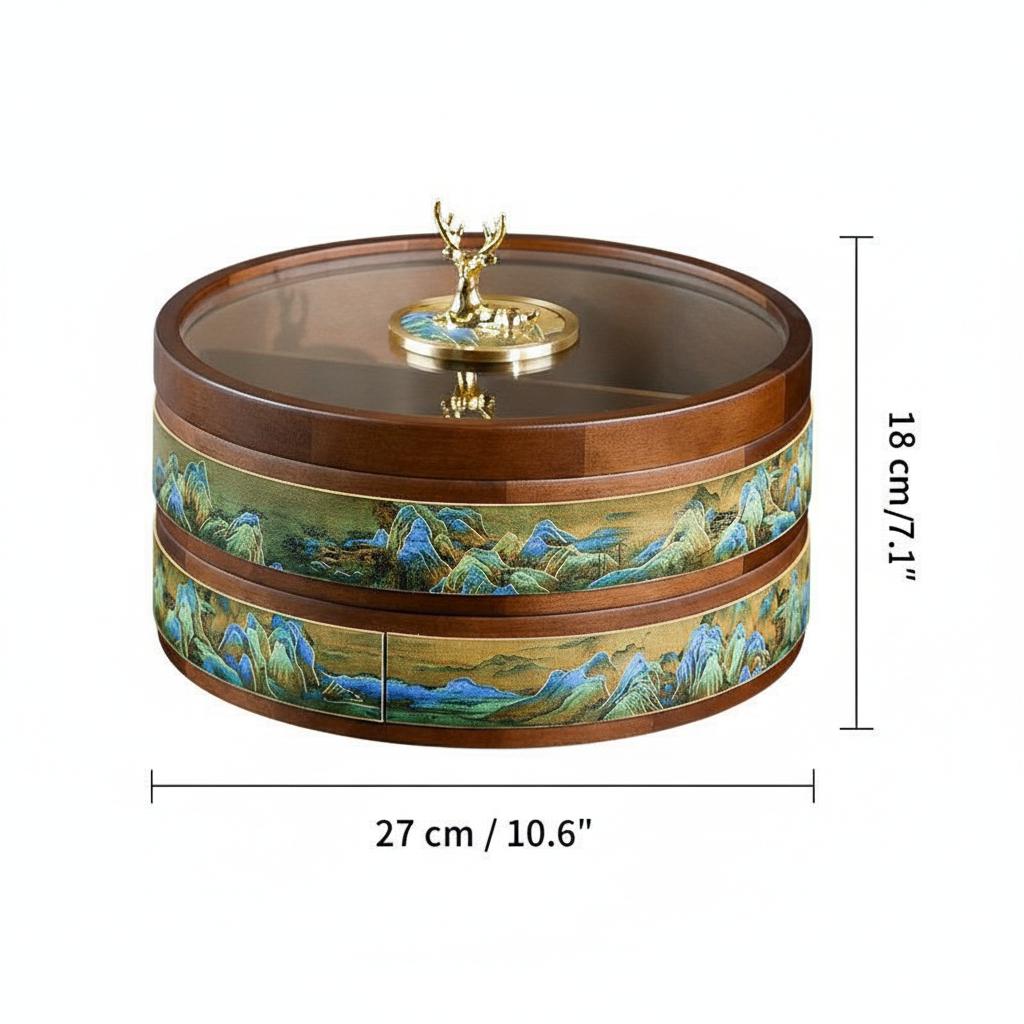 Dimension diagram of round wooden snack serving box
