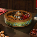 Walnut wood and landscape motif round divided serving box with mountain handle
