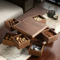 Walnut wood rotating serving box open with nuts and snacks