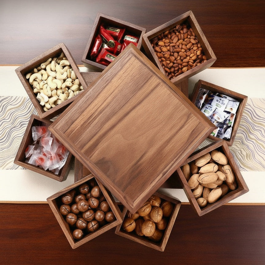Top view of open walnut wood multi-tier snack box